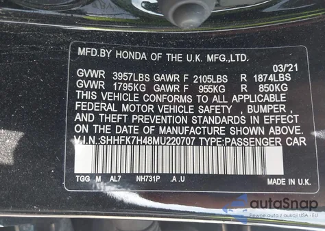 2021 Honda Civic Sport из США, поврежденный, VIN SHHFK7H48MU220707